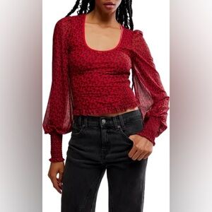 🔥NWT Free People Dottie Bow Print Sheer Sleeve Smocked Top Size XS Women